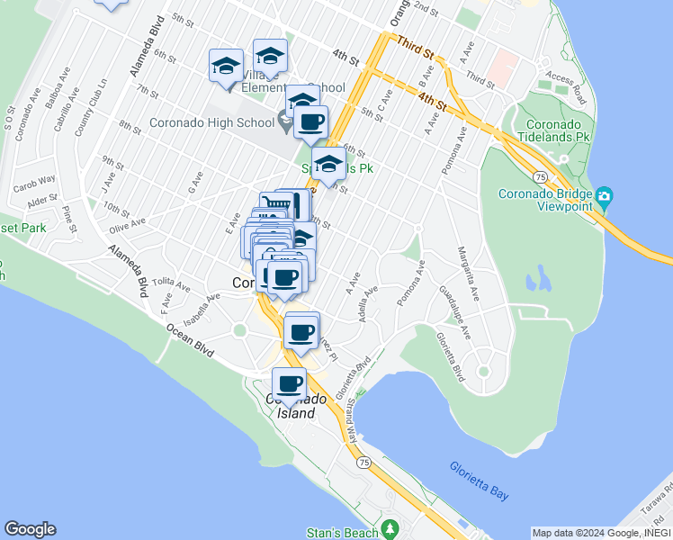 map of restaurants, bars, coffee shops, grocery stores, and more near 1305 9th Street in Coronado