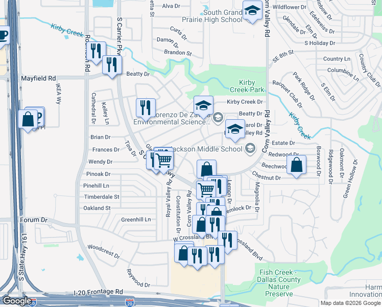 map of restaurants, bars, coffee shops, grocery stores, and more near 521 Royal Valley Road in Grand Prairie