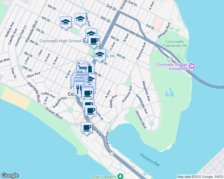 map of restaurants, bars, coffee shops, grocery stores, and more near 827 A Avenue in Coronado