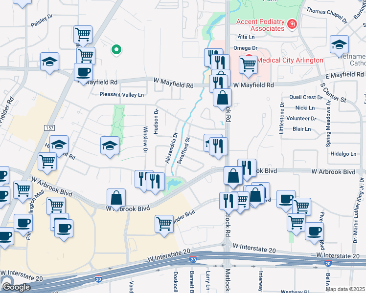 map of restaurants, bars, coffee shops, grocery stores, and more near 3600 Swafford Street in Arlington