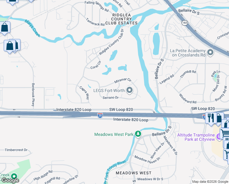 map of restaurants, bars, coffee shops, grocery stores, and more near 4321 Miraloma Drive in Fort Worth