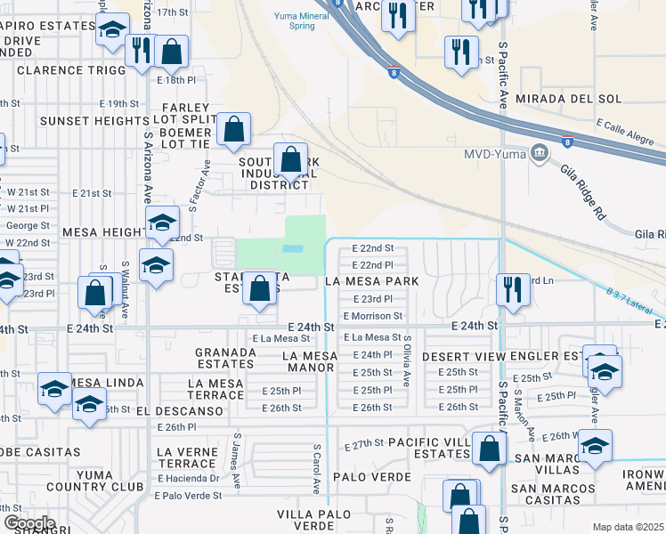 map of restaurants, bars, coffee shops, grocery stores, and more near 2256 South Mary Avenue in Yuma