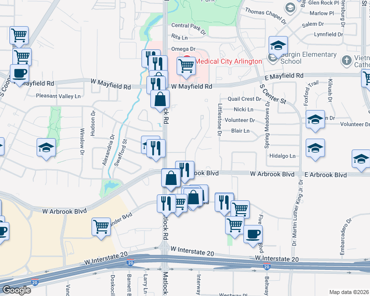 map of restaurants, bars, coffee shops, grocery stores, and more near 3601 Chatham Green Lane in Arlington