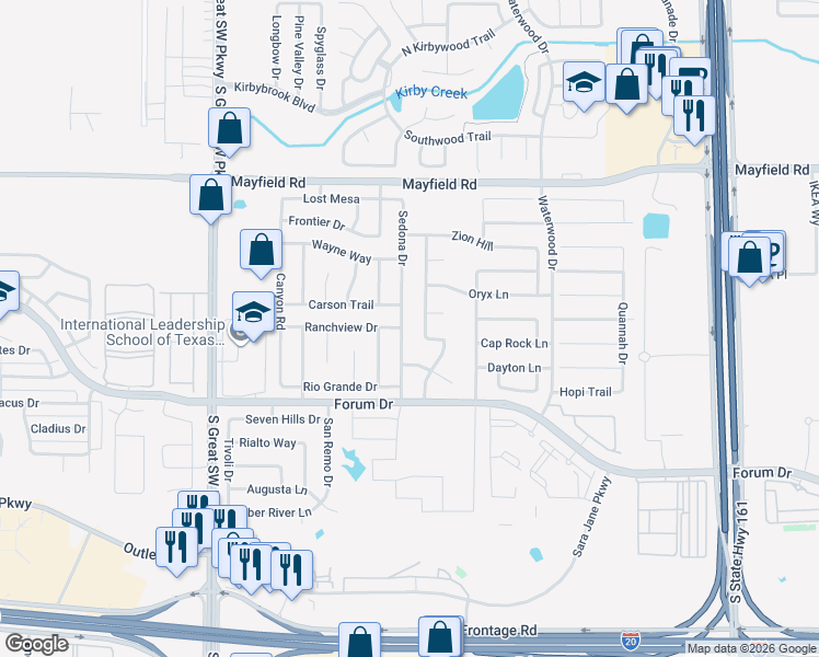 map of restaurants, bars, coffee shops, grocery stores, and more near 3510 Sedona Dr in Grand Prairie