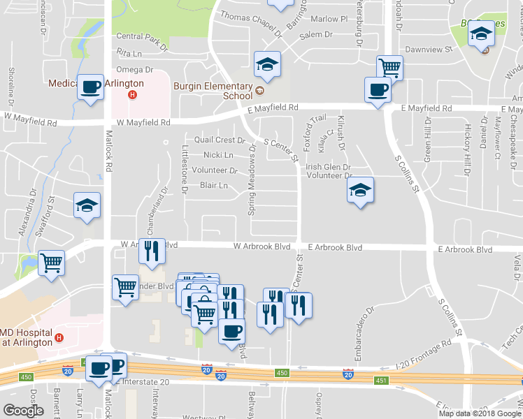 map of restaurants, bars, coffee shops, grocery stores, and more near 122 Cimarron Lane in Arlington