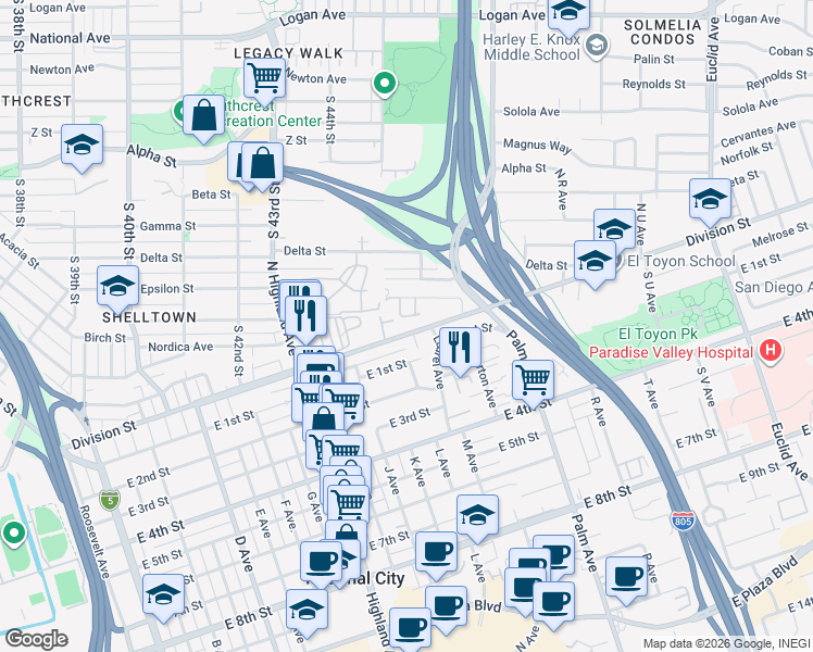 map of restaurants, bars, coffee shops, grocery stores, and more near 2 Division Street in National City