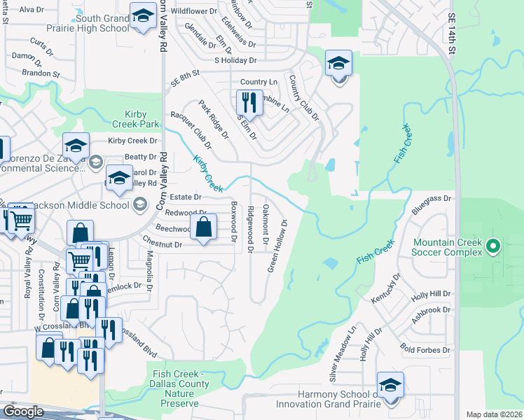 map of restaurants, bars, coffee shops, grocery stores, and more near 3626 Ridgewood Drive in Grand Prairie