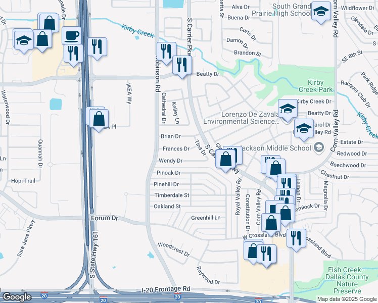 map of restaurants, bars, coffee shops, grocery stores, and more near 813 Frances Drive in Grand Prairie