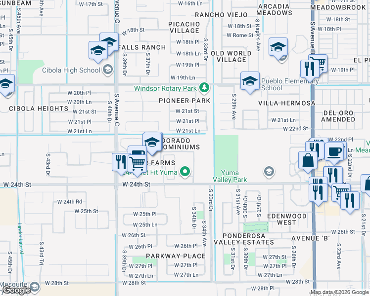 map of restaurants, bars, coffee shops, grocery stores, and more near 3531 West 22nd Place in Yuma