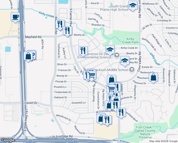 map of restaurants, bars, coffee shops, grocery stores, and more near 3502 Glenda Drive in Grand Prairie