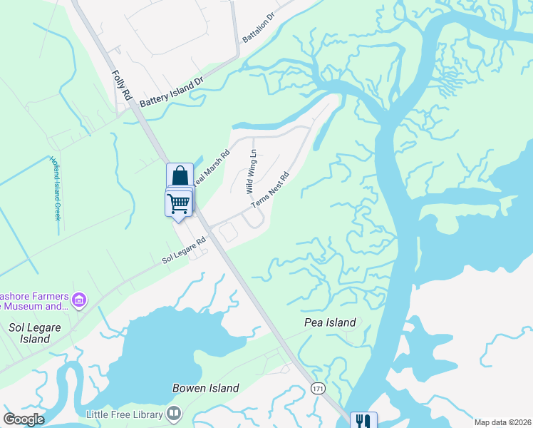 map of restaurants, bars, coffee shops, grocery stores, and more near 2014 Covey Lane in Charleston