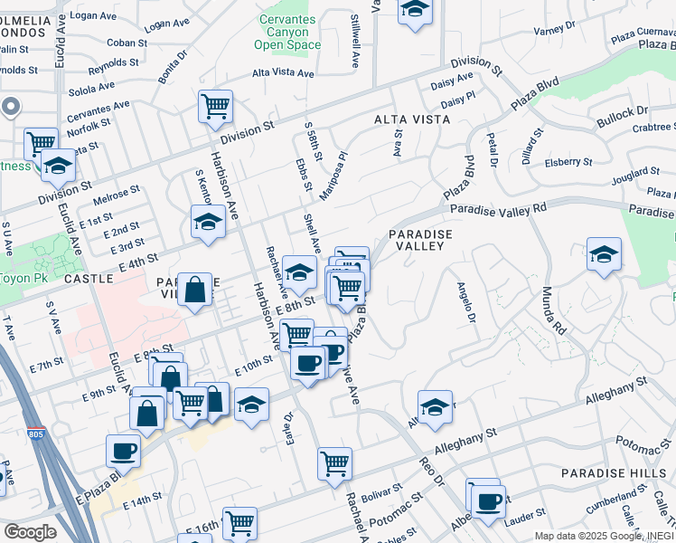 map of restaurants, bars, coffee shops, grocery stores, and more near 711 Salot Avenue in National City