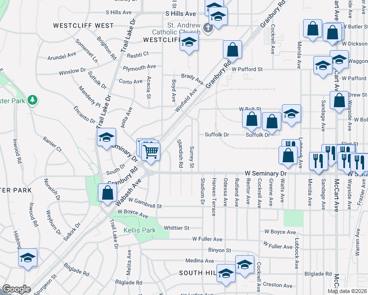 map of restaurants, bars, coffee shops, grocery stores, and more near 4217 Standish Road in Fort Worth