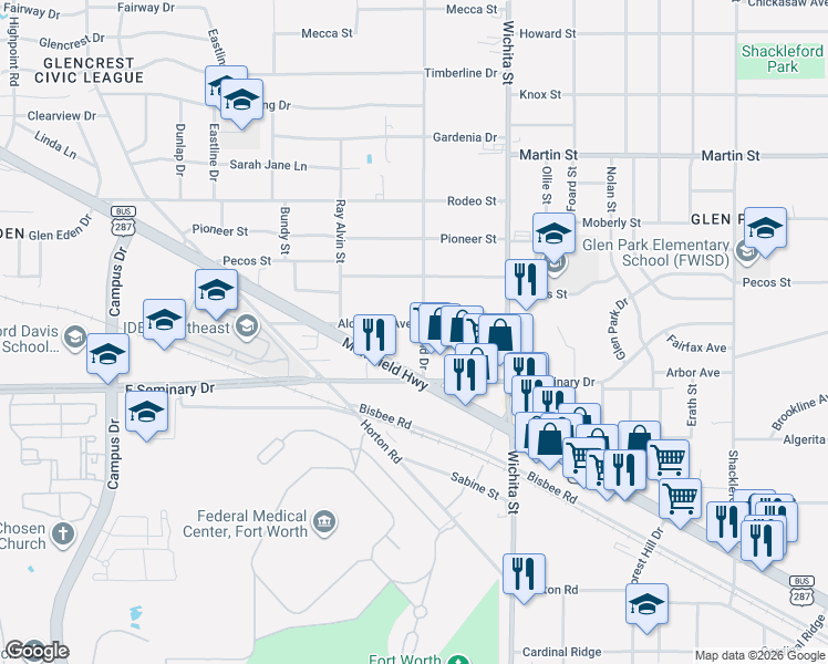 map of restaurants, bars, coffee shops, grocery stores, and more near 3064 Alcannon Avenue in Fort Worth