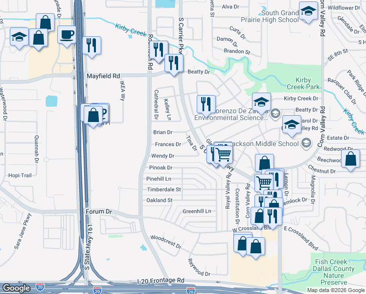 map of restaurants, bars, coffee shops, grocery stores, and more near 809 Frances Drive in Grand Prairie