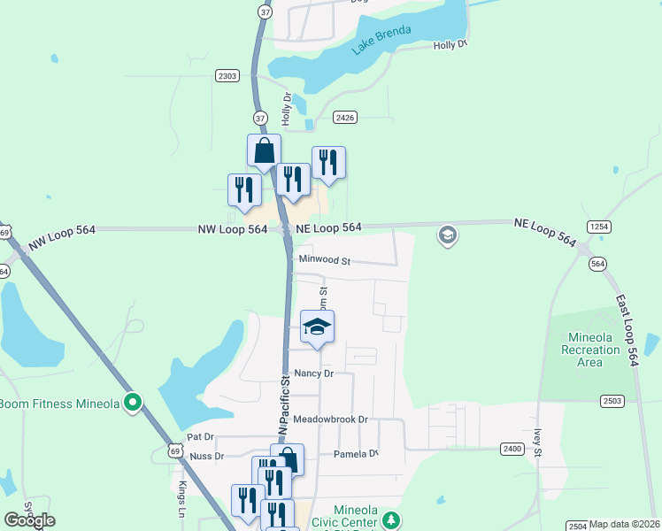 map of restaurants, bars, coffee shops, grocery stores, and more near 120 Minwood Street in Mineola