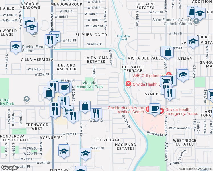 map of restaurants, bars, coffee shops, grocery stores, and more near 1801-1999 West Camino Cerro in Yuma
