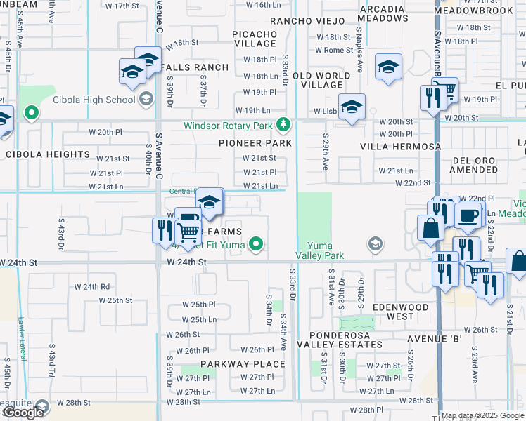 map of restaurants, bars, coffee shops, grocery stores, and more near 3531 West 22nd Place in Yuma