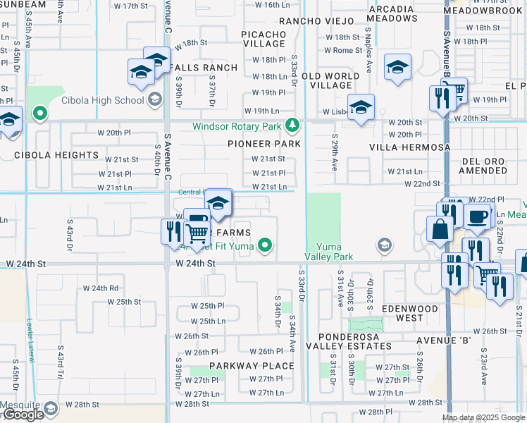 map of restaurants, bars, coffee shops, grocery stores, and more near 3531 West 22nd Place in Yuma