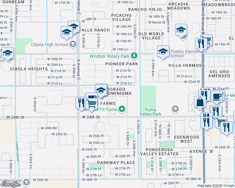 map of restaurants, bars, coffee shops, grocery stores, and more near 3531 West 22nd Place in Yuma