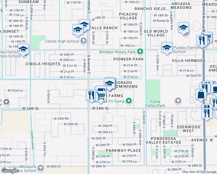 map of restaurants, bars, coffee shops, grocery stores, and more near 3777 West 22nd Lane in Yuma