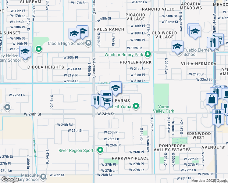 map of restaurants, bars, coffee shops, grocery stores, and more near 3777 West 22nd Lane in Yuma