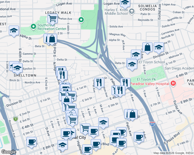map of restaurants, bars, coffee shops, grocery stores, and more near 1314 Division Street in National City