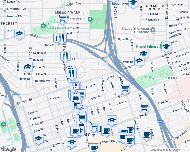 map of restaurants, bars, coffee shops, grocery stores, and more near 1235 Division Street in San Diego