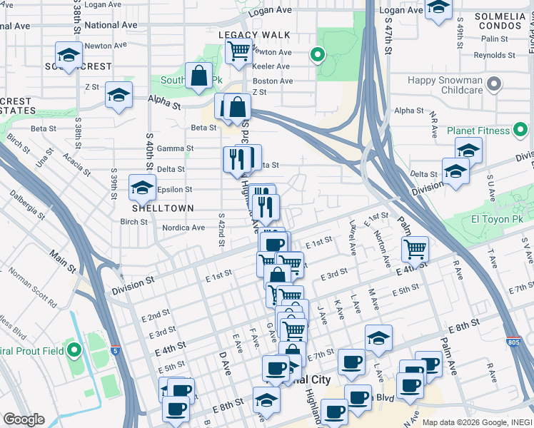 map of restaurants, bars, coffee shops, grocery stores, and more near 31 North Highland Avenue in National City