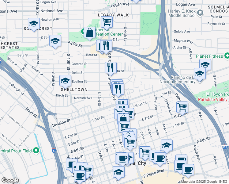map of restaurants, bars, coffee shops, grocery stores, and more near in San Diego