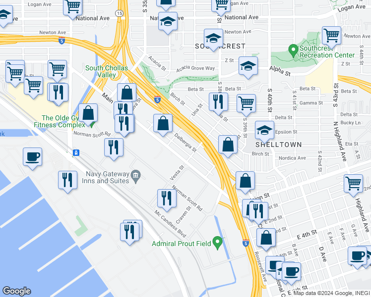 map of restaurants, bars, coffee shops, grocery stores, and more near 3665 Dalbergia Street in San Diego