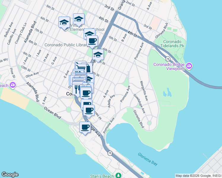 map of restaurants, bars, coffee shops, grocery stores, and more near 850 A Avenue in Coronado