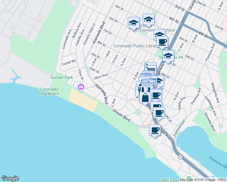 map of restaurants, bars, coffee shops, grocery stores, and more near 1042 Encino Row in Coronado