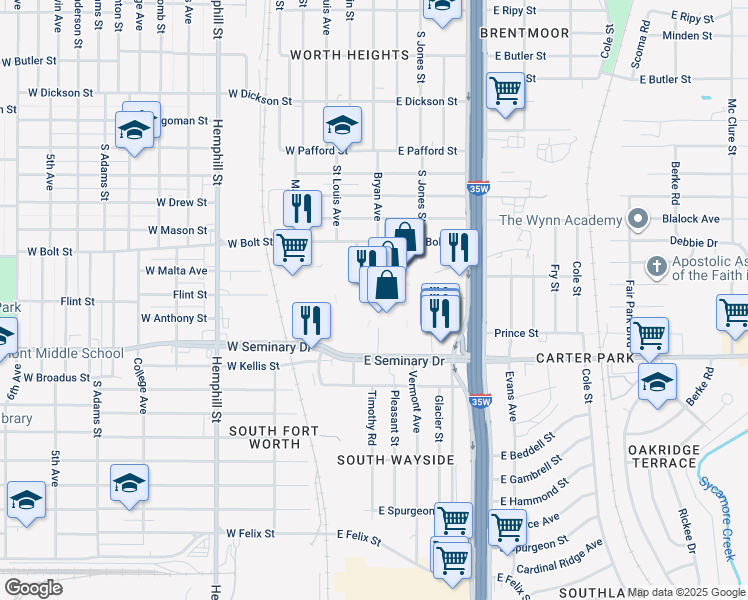 map of restaurants, bars, coffee shops, grocery stores, and more near 4200 South Freeway in Fort Worth