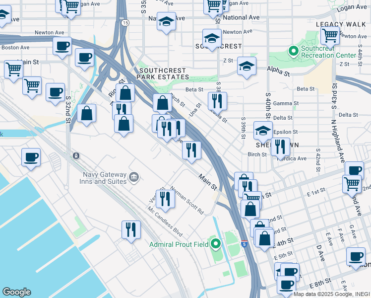 map of restaurants, bars, coffee shops, grocery stores, and more near 3665 Dalbergia Street in San Diego