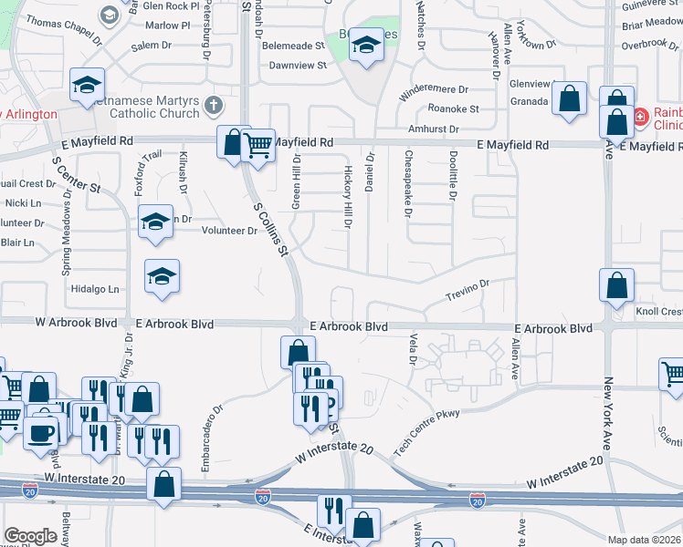 map of restaurants, bars, coffee shops, grocery stores, and more near 1206 Green Hill Drive in Arlington