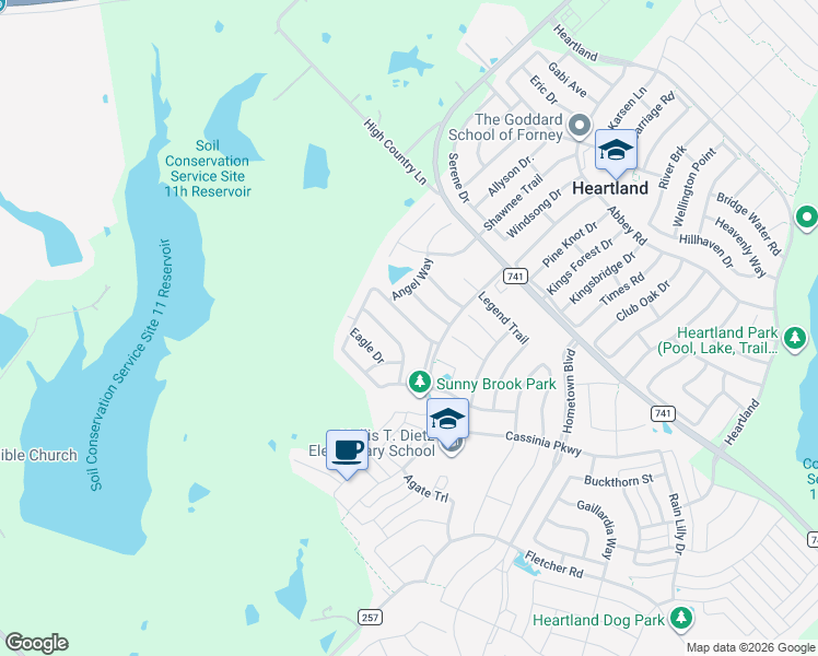 map of restaurants, bars, coffee shops, grocery stores, and more near 4015 Ridgetop Drive in Forney