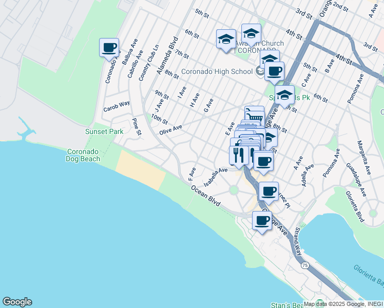 map of restaurants, bars, coffee shops, grocery stores, and more near 1042 Encino Row in Coronado