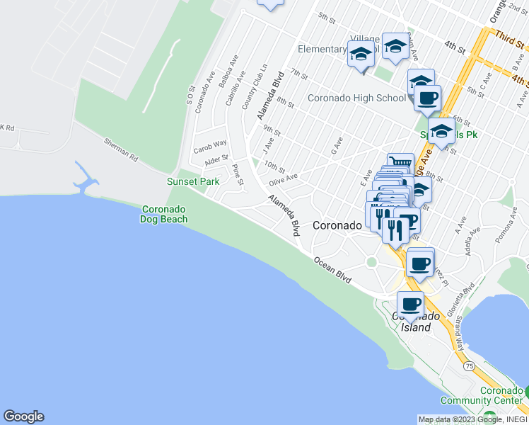 map of restaurants, bars, coffee shops, grocery stores, and more near 546 Marina Avenue in Coronado
