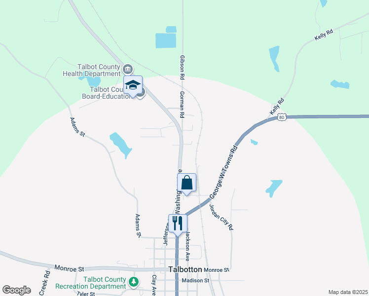 map of restaurants, bars, coffee shops, grocery stores, and more near 604 Washington Avenue in Talbotton