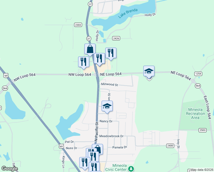 map of restaurants, bars, coffee shops, grocery stores, and more near 120 Minwood Street in Mineola