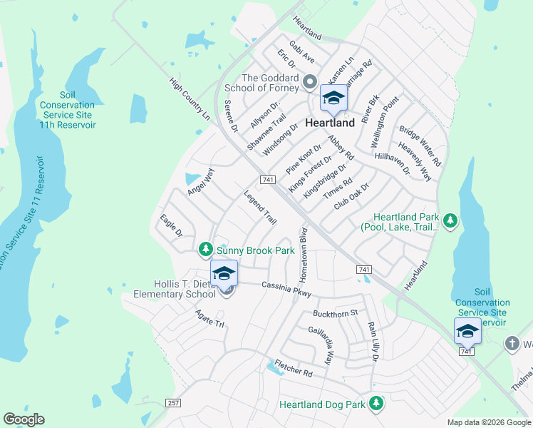 map of restaurants, bars, coffee shops, grocery stores, and more near Legend Trail in Forney