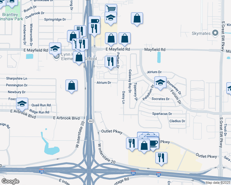 map of restaurants, bars, coffee shops, grocery stores, and more near 3431 Parham Drive in Grand Prairie
