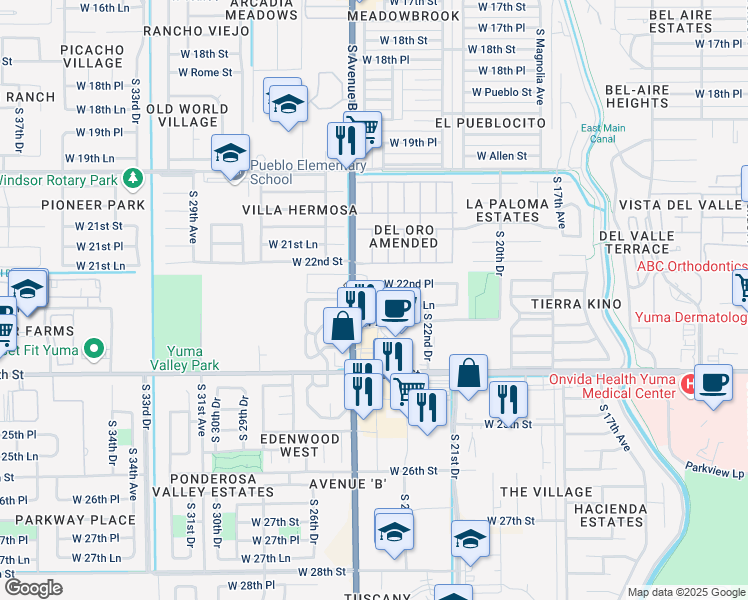 map of restaurants, bars, coffee shops, grocery stores, and more near 2264 South 23rd Drive in Yuma