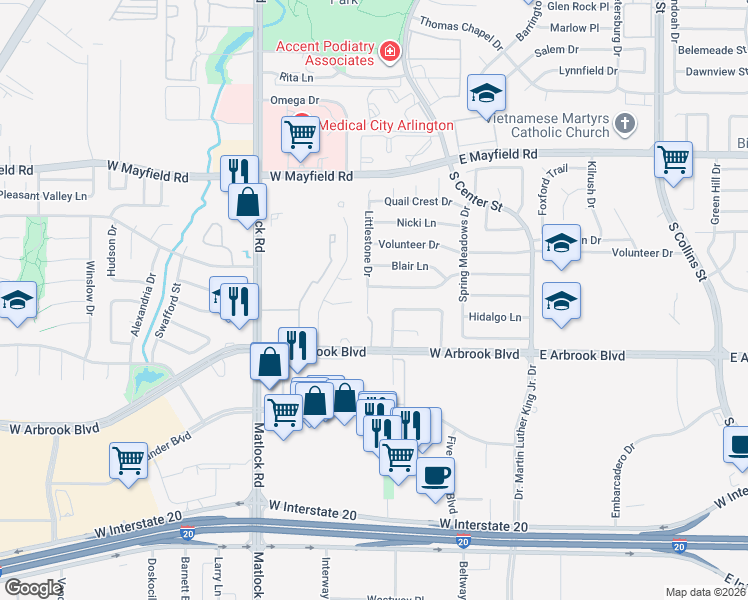 map of restaurants, bars, coffee shops, grocery stores, and more near 3605 Littlestone Drive in Arlington