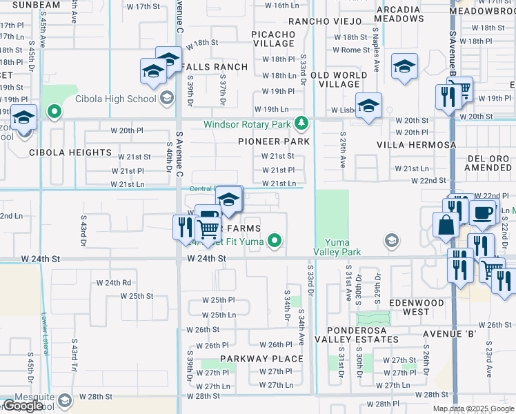 map of restaurants, bars, coffee shops, grocery stores, and more near 3593 West 22nd Place in Yuma