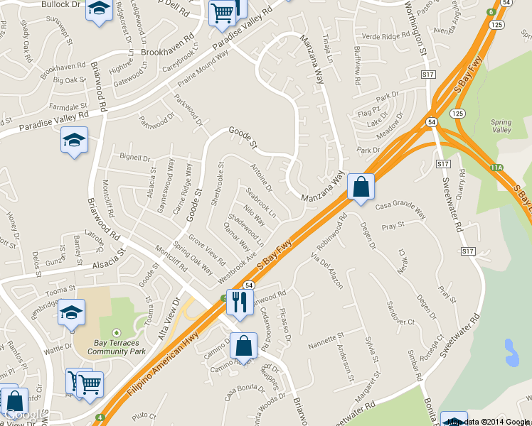 map of restaurants, bars, coffee shops, grocery stores, and more near 1648 Seabrook Lane in San Diego