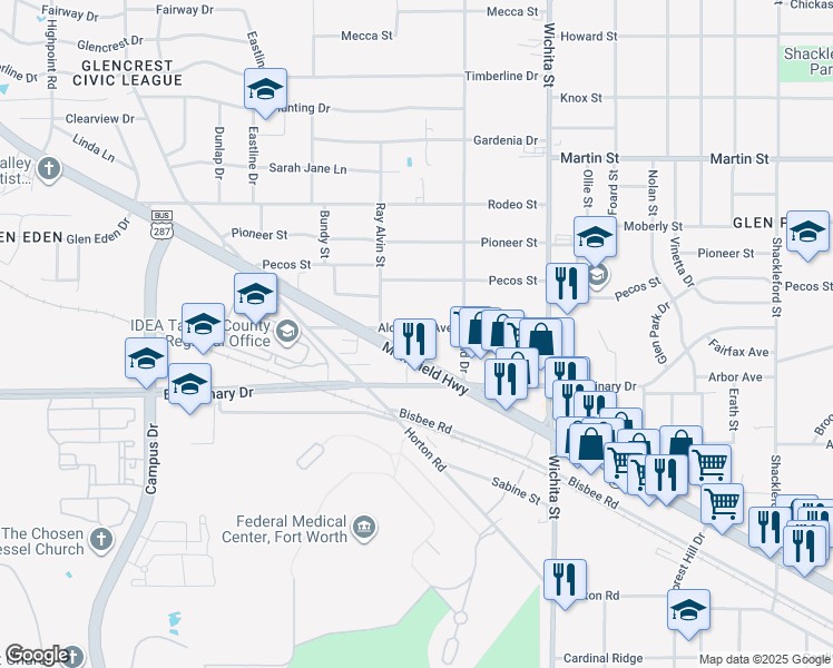 map of restaurants, bars, coffee shops, grocery stores, and more near 3124 Alcannon Avenue in Fort Worth