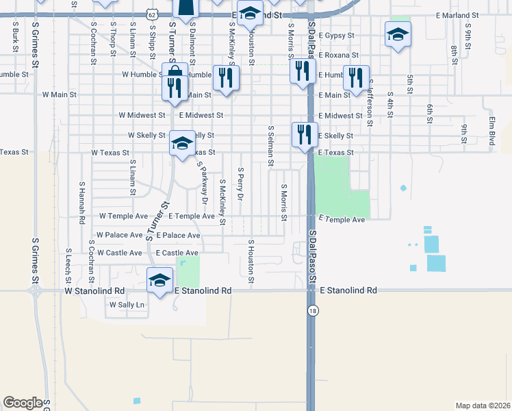 map of restaurants, bars, coffee shops, grocery stores, and more near 1232 South Houston Street in Hobbs