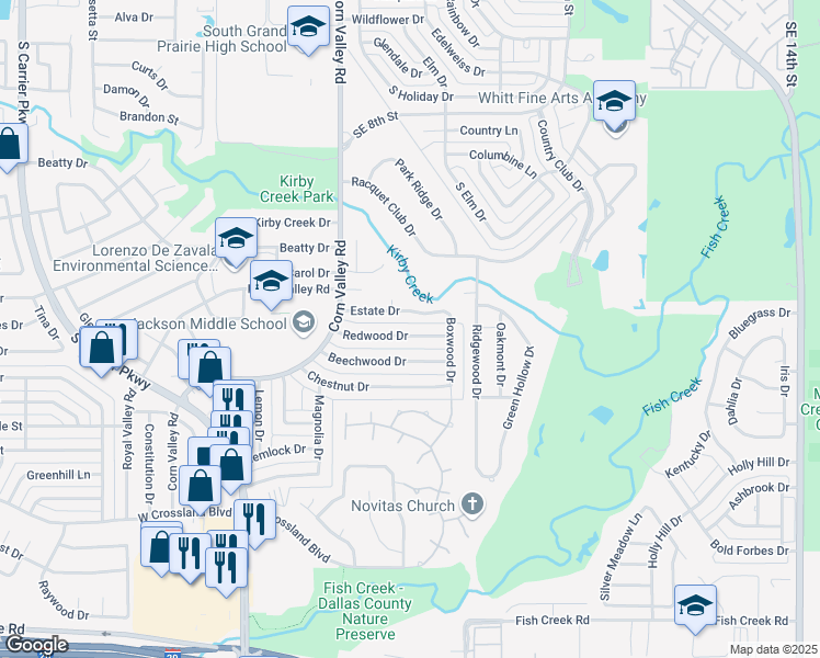 map of restaurants, bars, coffee shops, grocery stores, and more near 618 Redwood Drive in Grand Prairie